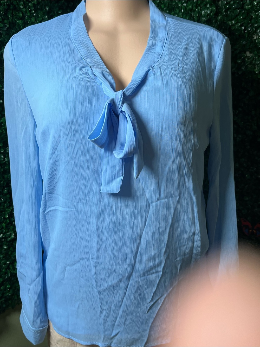 Women's Light Blue Tie-Neck Blouse